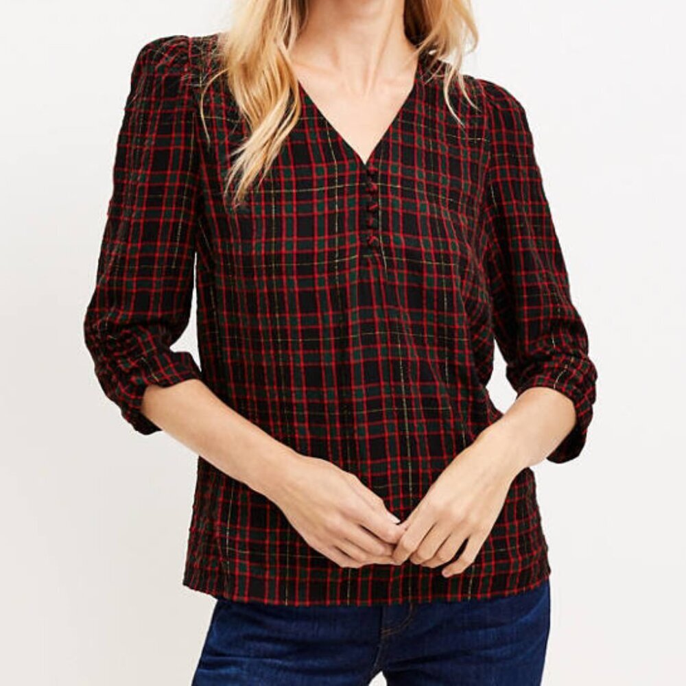 LOFT Shimmer Plaid Shirred V-neck Blouse, 3/4 Sleeves Holiday Christmas Top